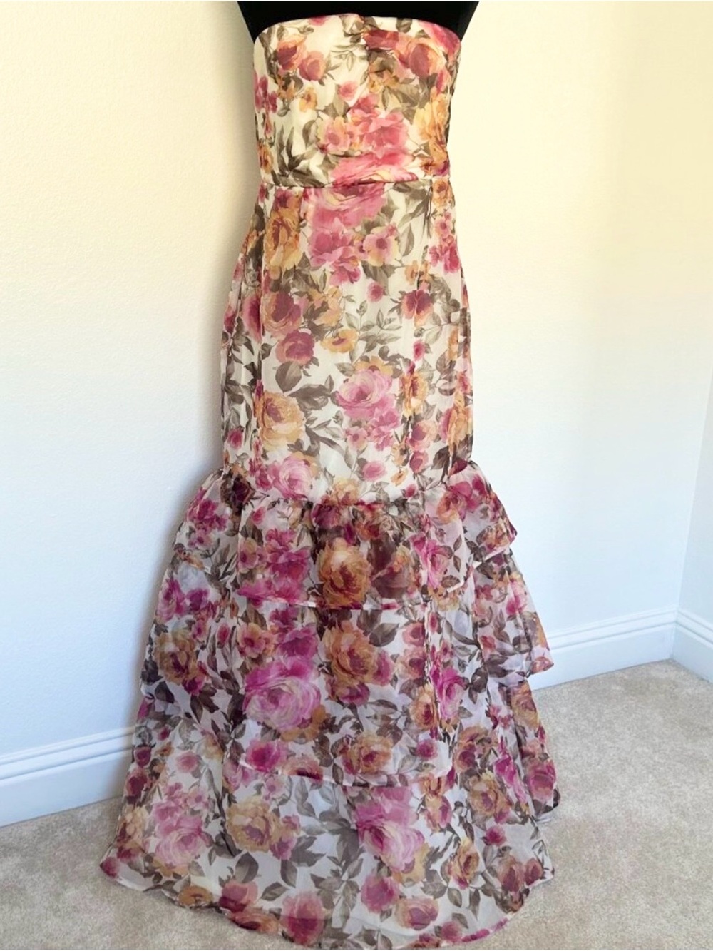 Lulu Strapless Floral Tiered Maxi Dress - Pink & Yellow Roses